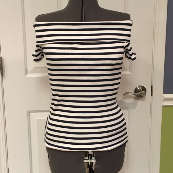 New Ann Taylor LOFT  Size XL Blue and White Striped Off The Shoulder Top - Picture 3 of 9
